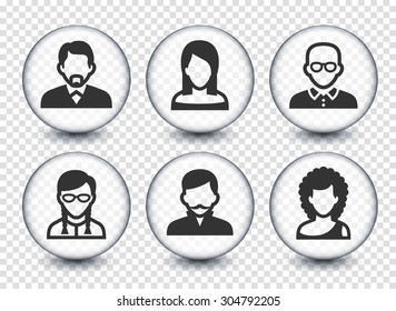 People Face Set on Transparent Round Buttons