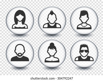 People Face Set on Transparent Round Buttons