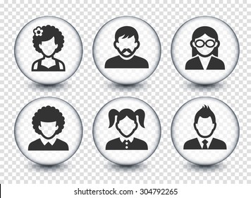 People Face Set on Transparent Round Buttons