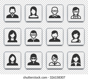 People Face Set on Transparent Square Buttons