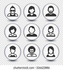 People Face Set on Transparent Round Buttons
