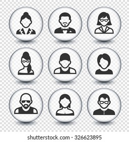 People Face Set on Transparent Round Buttons