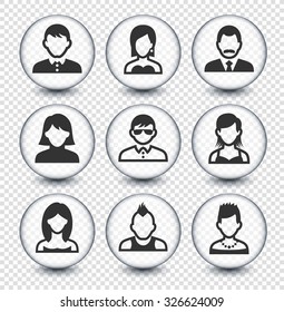 People Face Set on Transparent Round Buttons