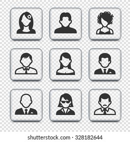 People Face Set on Transparent Square Buttons