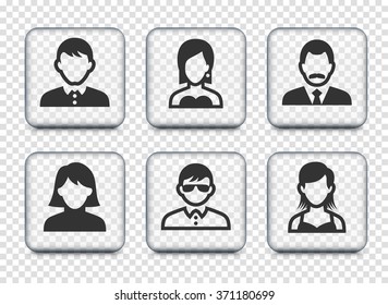 People Face Set on Transparent Square Buttons