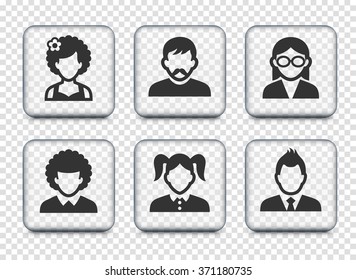 People Face Set on Transparent Square Buttons