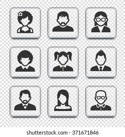 People Face Set on Transparent Square Buttons