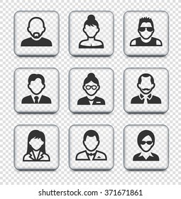 People Face Set on Transparent Square Buttons