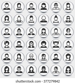 People Face Set on Transparent Round Buttons