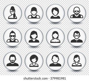 People Face Set on Transparent Round Buttons