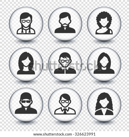 People Face Set on Transparent Round Buttons