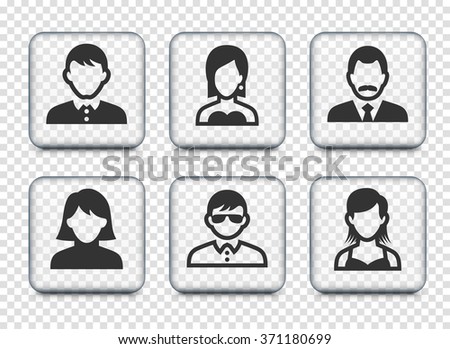 People Face Set on Transparent Square Buttons
