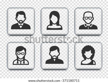 People Face Set on Transparent Square Buttons