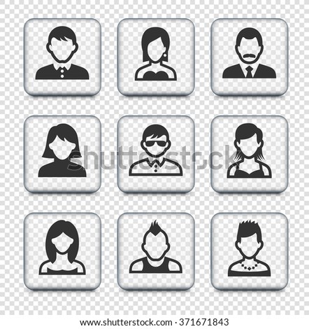 People Face Set on Transparent Square Buttons