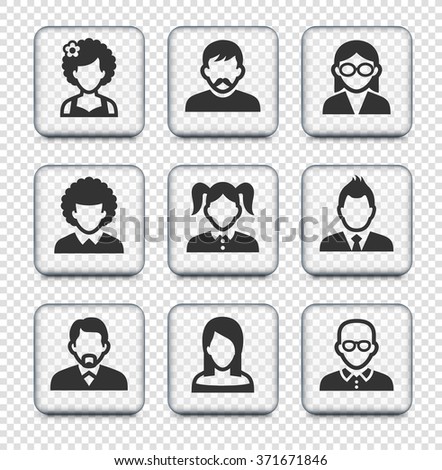 People Face Set on Transparent Square Buttons