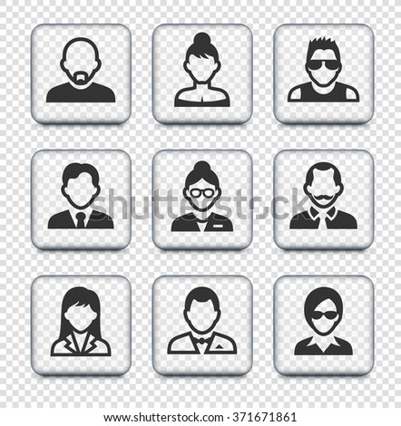 People Face Set on Transparent Square Buttons