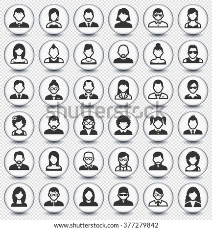 People Face Set on Transparent Round Buttons