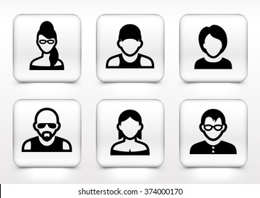 People Face Set on White Square Buttons