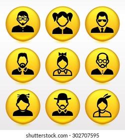 People Face Set on Yellow Round Buttons