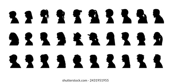 People face side view portrait different ages silhouette set collection.	