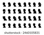 People face side view profile different ages black silhouette set collection. Human faces side view head shoulders portrait silhouettes.	