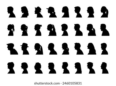 People face side view profile different ages black silhouette set collection. Human faces side view head shoulders portrait silhouettes.	