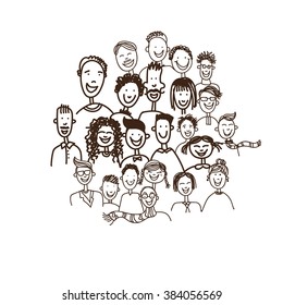 People Face Sketch Portrait Group Hand Drawn Black Line Doodle Vector Illustration