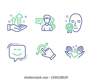 People, Face verified and Smile face line icons set. Touchscreen gesture, Analysis graph and Hold heart signs. Support job, Access granted, Chat. Drag drop. People set. Vector