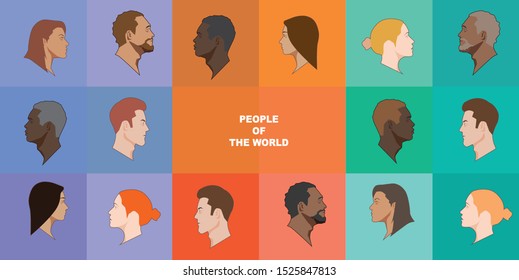 people face of the world.
colorful background. race characters.