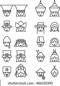 PEOPLE FACES FROM ALL OVER THE WORLD outline icons