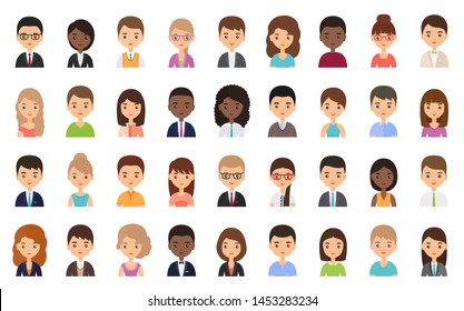 People faces. Avatar character in flat design. Business person. Vector. Men and women icons isolated on white background. Set female, male office workers. Cartoon illustration.