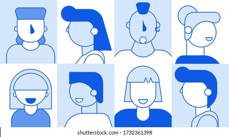 People faces avatar template set for social media network video account profile creation. Different nationality man woman character showing pensive, smile, serious, surprise emotion portrait