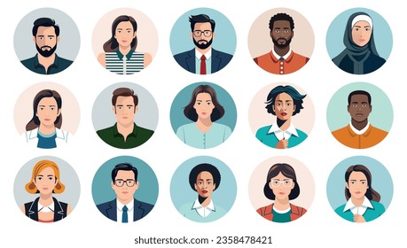 People faces avatars vector collection - Set of various diverse character heads in round frames. Flat design illustrations with white background