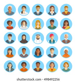 People faces avatars vector icons. Flat color portraits of happy men and women, young and senior. Caucasian, African, Asian, Arab ethnicity. Characters with different lifestyles, hairstyles, clothes