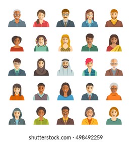 People Faces Avatars Vector Icons. Flat Color Portraits Of Happy Men And Women, Young And Senior. Caucasian, African, Asian, Arab Ethnicity. Characters With Different Lifestyles, Hairstyles, Clothes