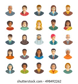 People faces avatars vector icons. Flat color portraits of happy men and women, young and senior. Caucasian, African, Asian, Arab ethnicity. Characters with different lifestyles, hairstyles, clothes