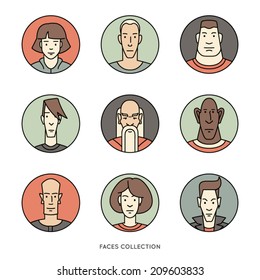 People faces of different ages and social groups. Colored vector icons set in trendy flat style.