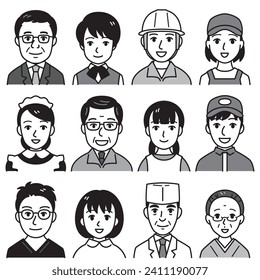 people faces, different jobs and occupations, vector illustration set, black and white illustration 02