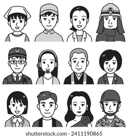 people faces, different jobs and occupations, vector illustration set , black and white illustration 03