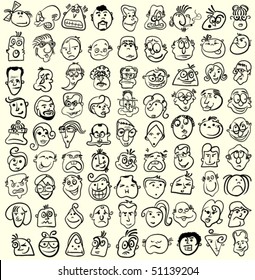 People faces, doodle cartoon expressions and emotions, avatar icons