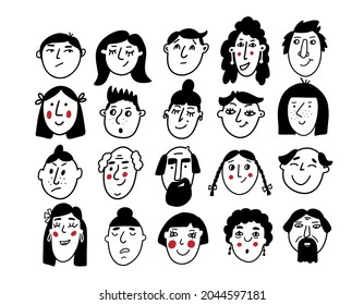 People faces in doodle style. Hand drawn portraits of men, women, children and adults for social media, avatars. Vector illustration.