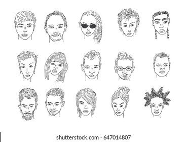 People faces drawing. Men and women faces hand drawing cartoon. 