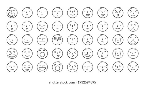 People' Face.s Emoticon, Single Line Set. Circle Shapes with Various Emotion and Feeling