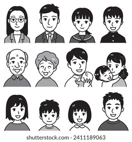 people faces, family, vector illustration set, black and white illustration 01