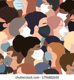 People faces with medical masks, vector seamless pattern. Coronavirus prevention concept. Humans of different gender, ethnicity, and color.