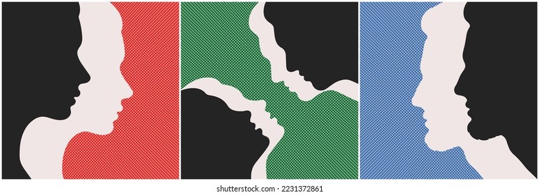 People faces outline. Abstract person silhouette. Graphic poster set