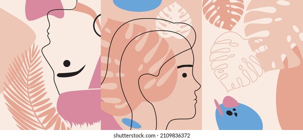 People faces outline. Art Nouveau collage with monstera leaf. Vector stock illustration. Portrait of a woman in profile with geometric figures. Art set with non-binary person minimalist style