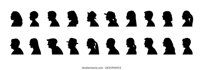 People faces profile different ages side view silhouette set collection. Man and woman side faces avatar portrait flat silhouette.