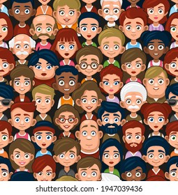 People Faces Seamless Pattern. Cute Cartoon Flat Style Vector