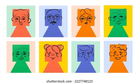 Die Leute haben Gesichte. Sammlung abstrakter Avatare für soziale Netzwerke und Boten. Männer und Frauen im minimalistischen Stil, Geometrie. Poster oder Banner für die Website. Cartoon-Flavektor-Vektorgrafik